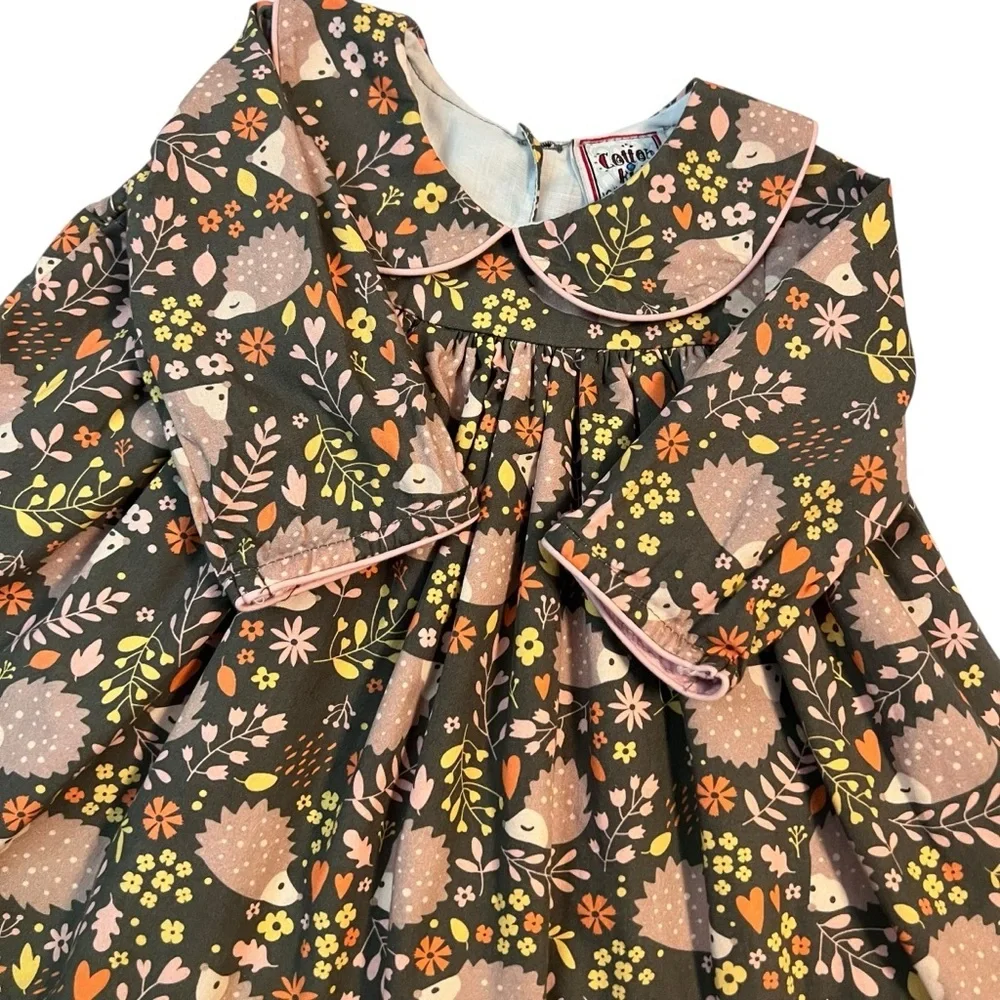 Cotton‎ Kids Hedgehog Print Baby Dress 3M Peter Pan Collar Fall Floral Rare